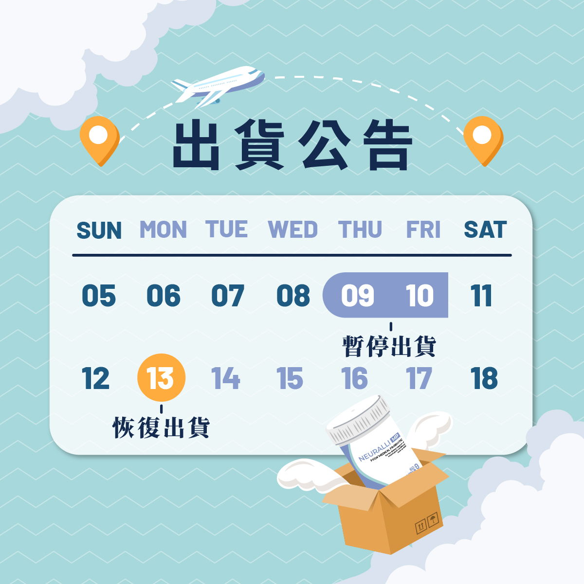 Shipping schedule with dates and icons for travel and delivery.
