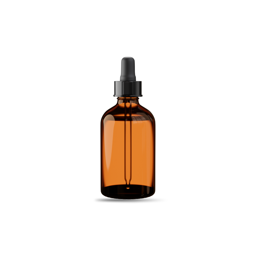Amber glass dropper bottle with a black lid.