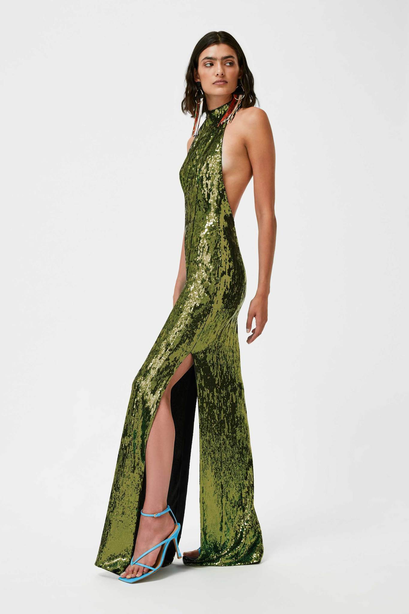 Galvan London High Neck Backless Sequin Green Dress