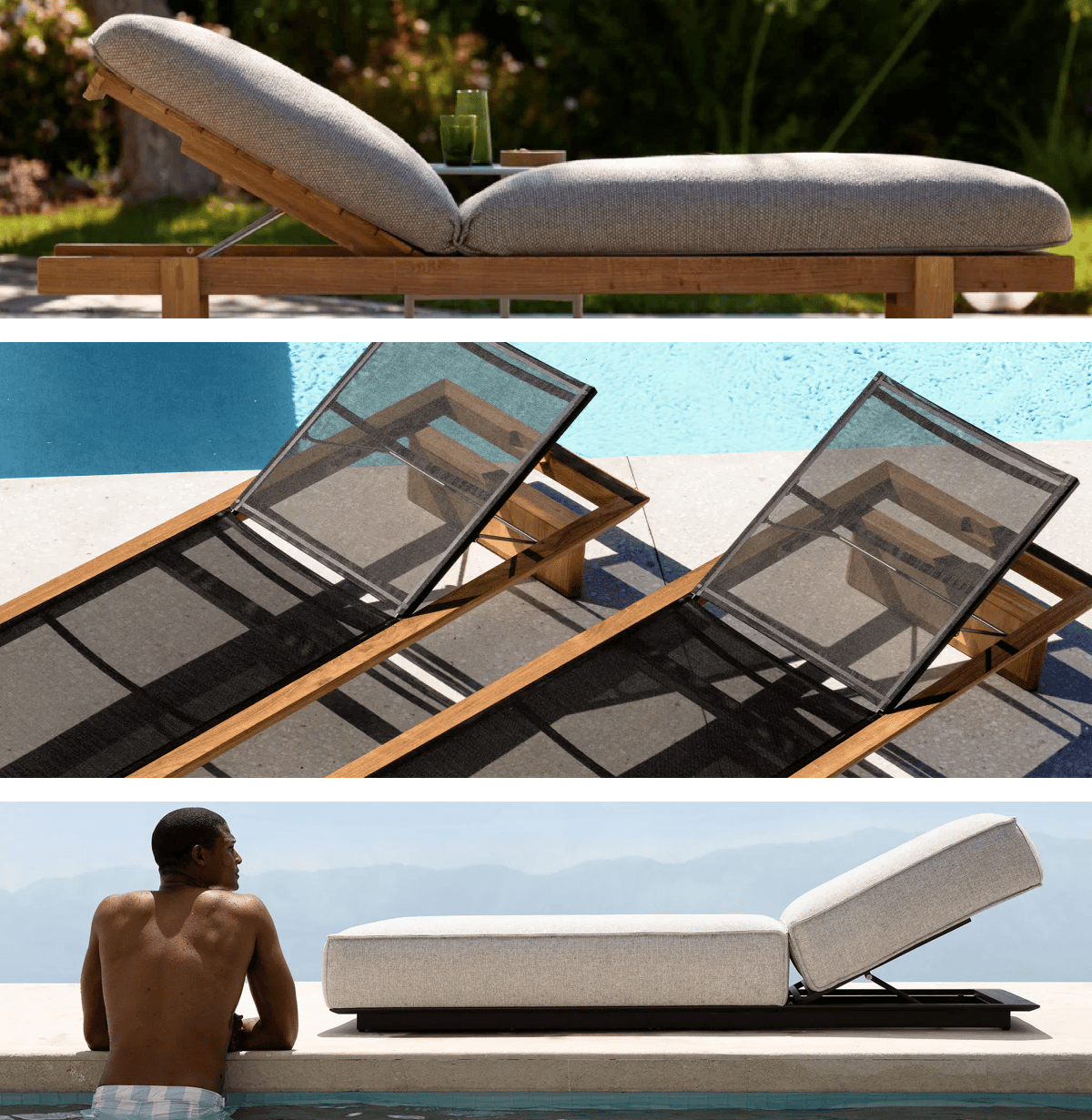 Collage of modern outdoor chaise lounges with teak frames, mesh seats, and performance cushions for comfortable poolside furniture.