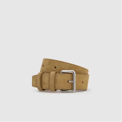 A tan suede belt with a silver buckle.