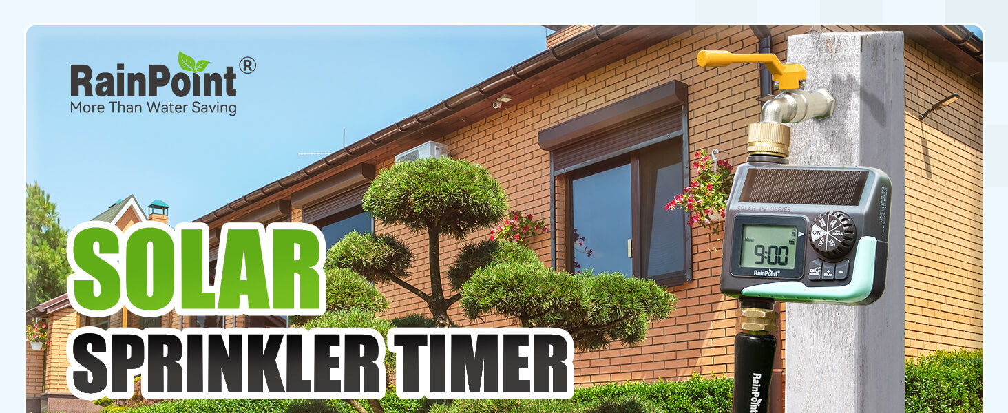 Solar sprinkler timer advertisement with a house and greenery in the background.