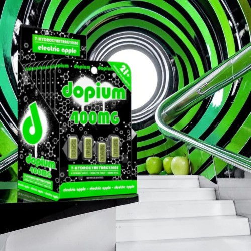 Box of Dopium 400mg with green spiral background and stairs.