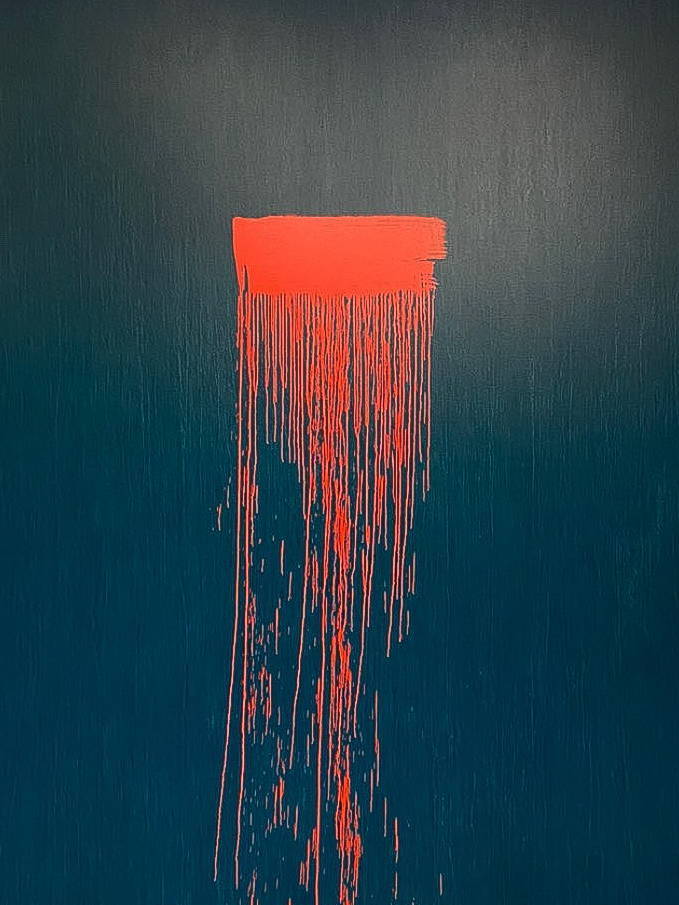 A red paint-stroke on a blue canvas