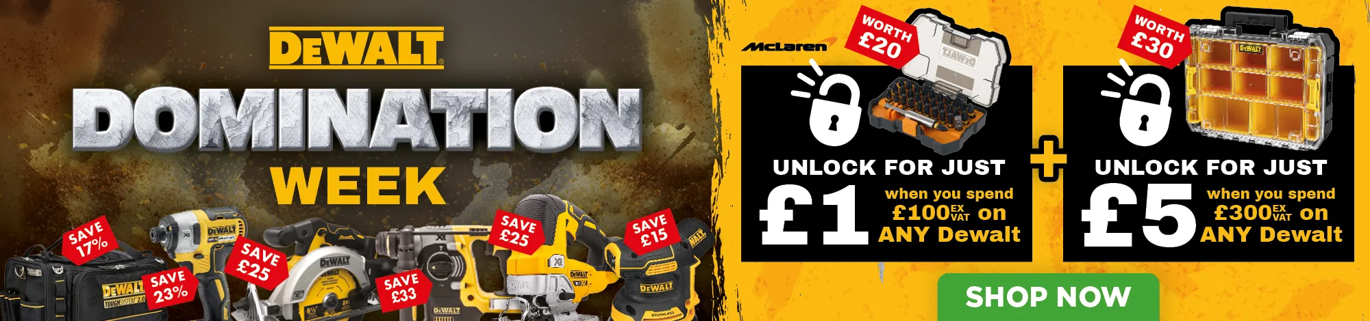 Dewalt Domination Week promotional banner with special offers. Shop now!
