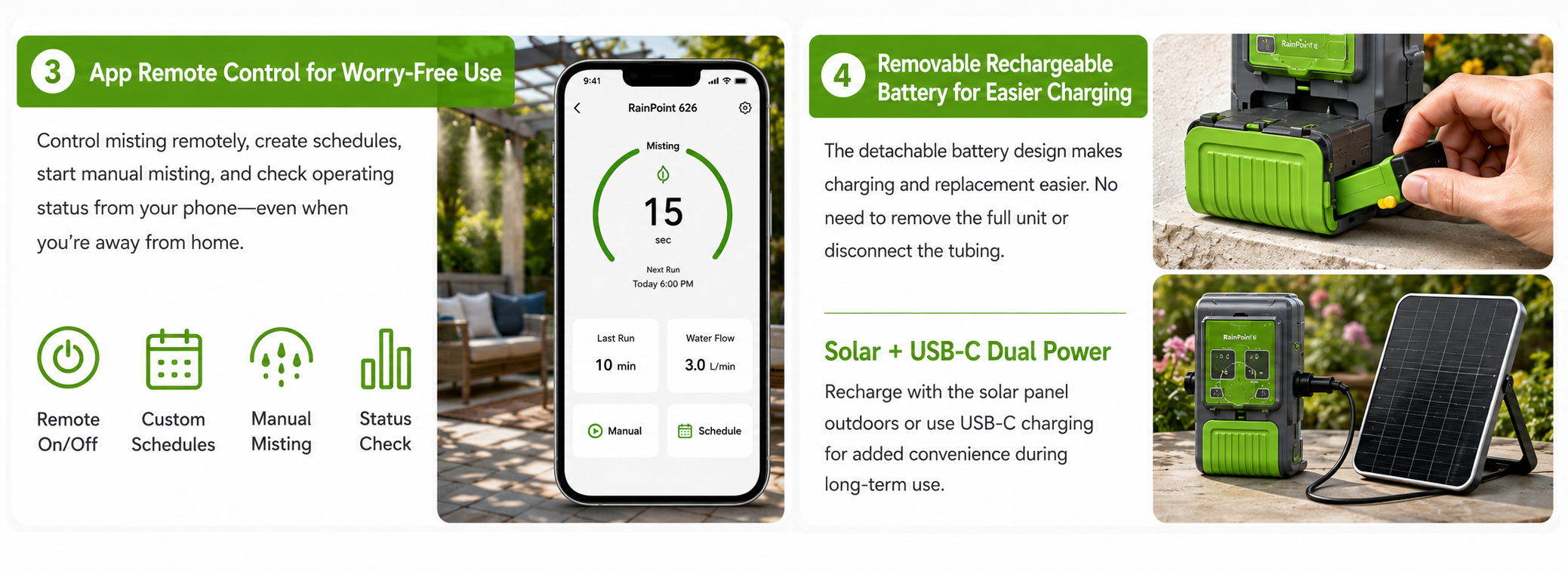 Image showcasing a mobile app and portable solar power device features.