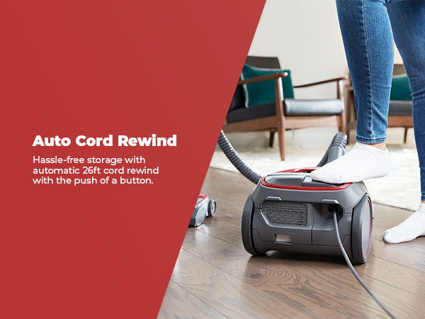 Vacuum cleaner with auto cord rewind feature highlighted.