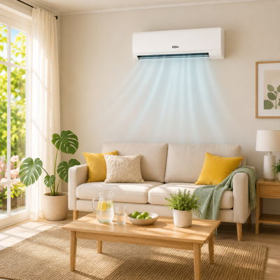 Living room with EG4 mini split air conditioner, sofa, plants, and natural light.