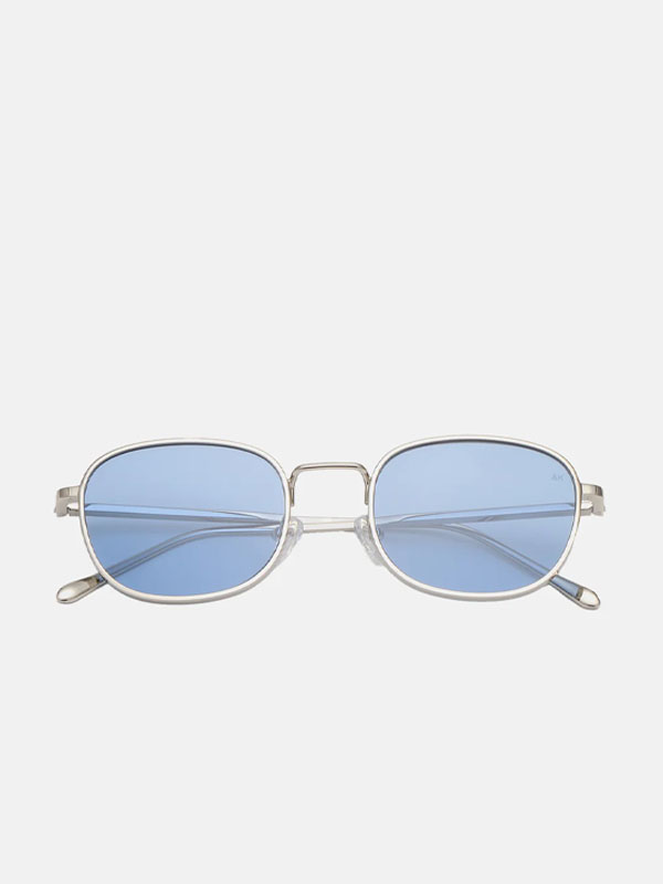 Blue-tinted sunglasses with a sleek silver frame.