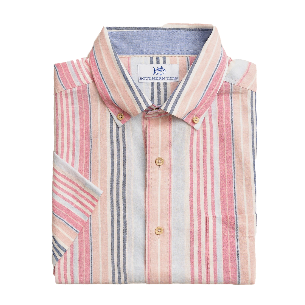 Folded shirt with pink, blue, and white stripes and a buttoned collar.