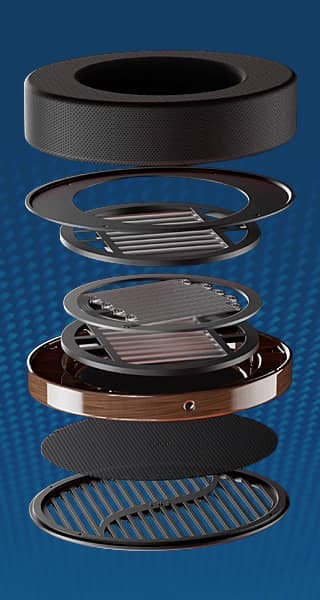 Exploded view of a headphone with multiple layers.
