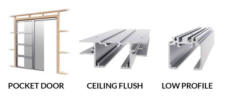 Glass Clamp compatible hardware: pocket door, ceiling flush, and low profile track pictures