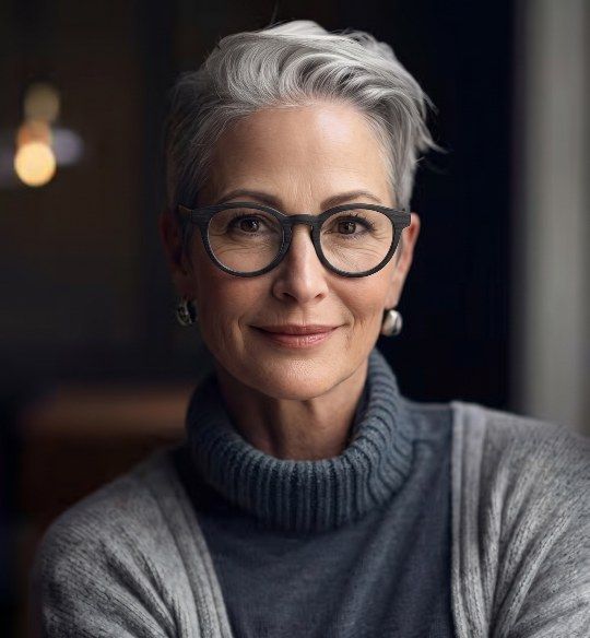 Woman with grey hair wearing Cheer black round glasses
