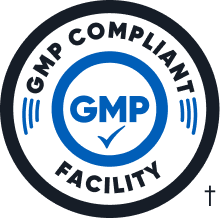 GMP compliant facility seal with blue and black design.