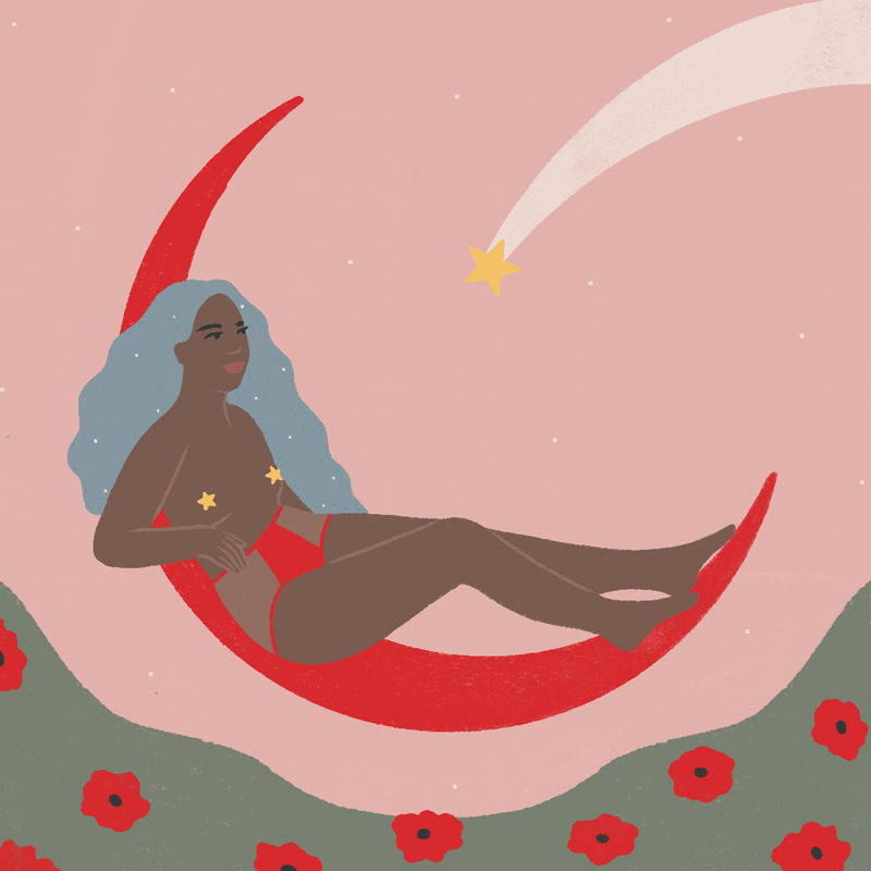 Mulher deitada sobre na lua minguante vermelha