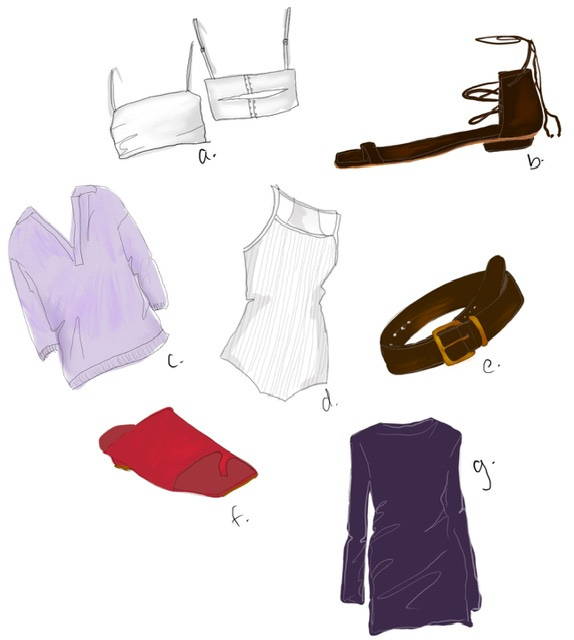 bralette, shoe, purple polo, bodysuit, belt, shoe, long sleeve shirt