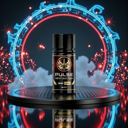 Bottle of Pulse energy drink with glowing background and smoke effects.