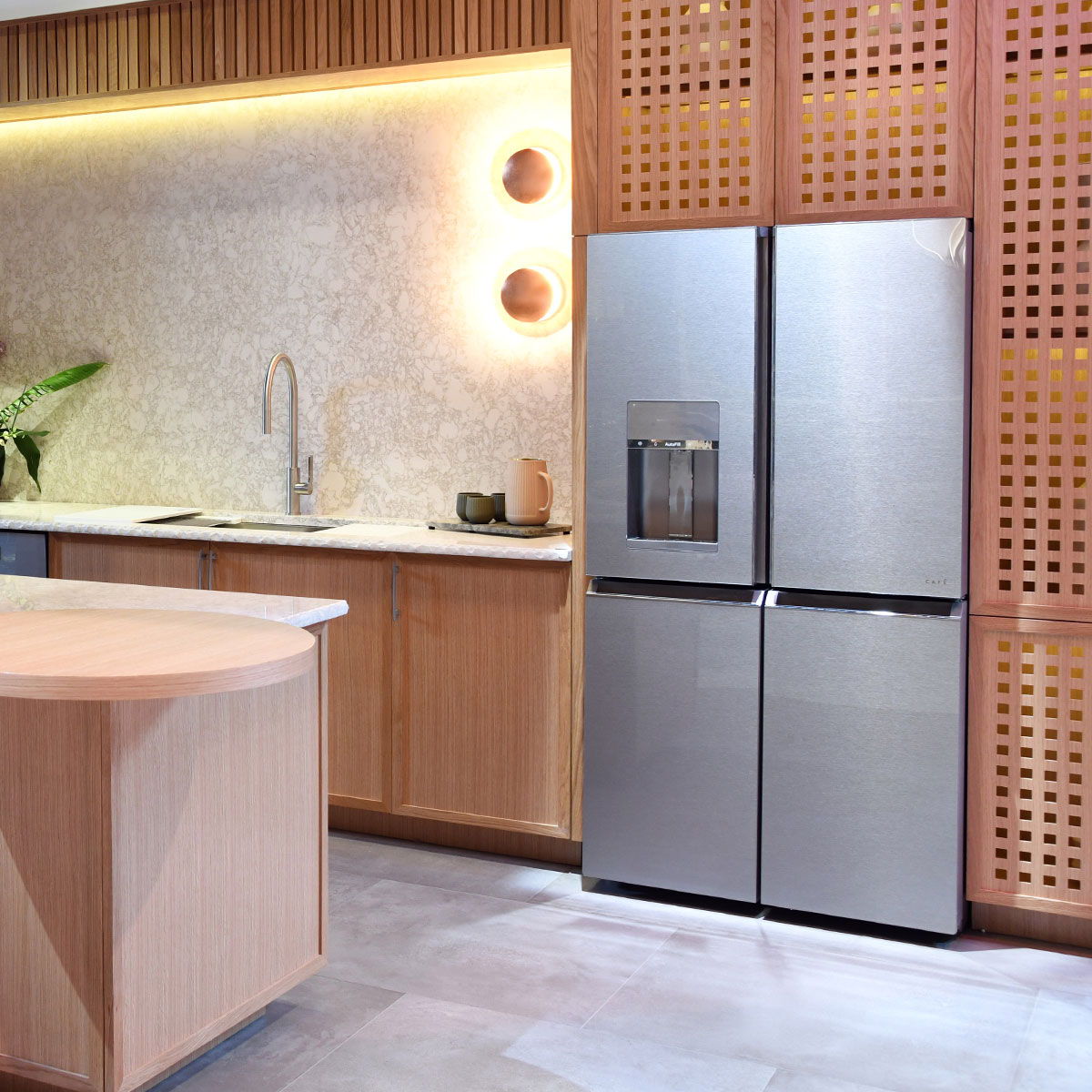 Modern Glass refrigerator in zen retreat kitchen