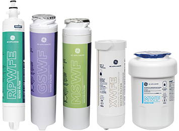 line up of various refrigerator water filters from GE Appliances.