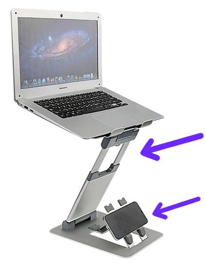 Laptop Tower II stand fully extended with smartphone on the stand. 
