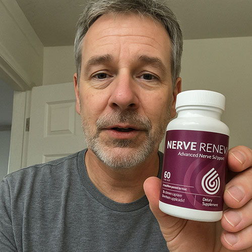 Man holding a bottle of Nerve Renew dietary supplement.