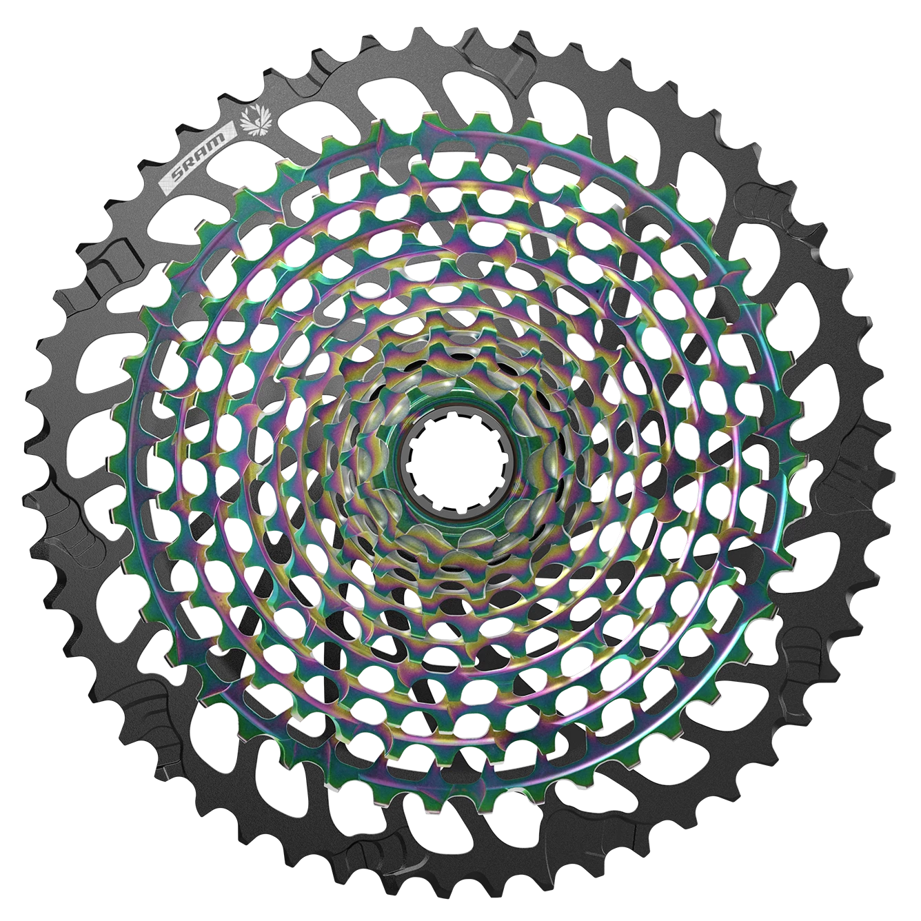 Spiral bicycle cassette with multiple gears and a central hole.