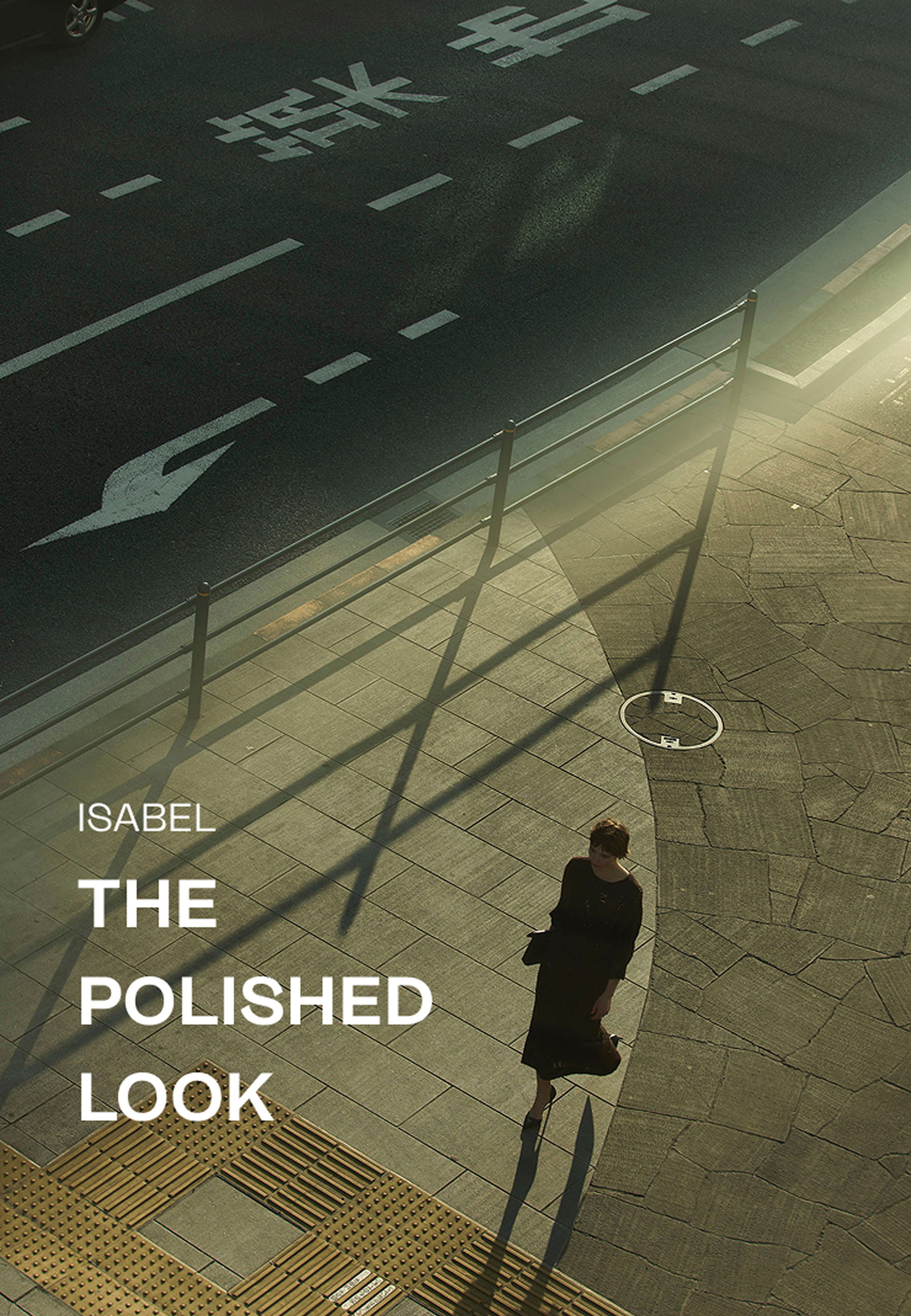 A person walking on a street with shadows and text overlay.