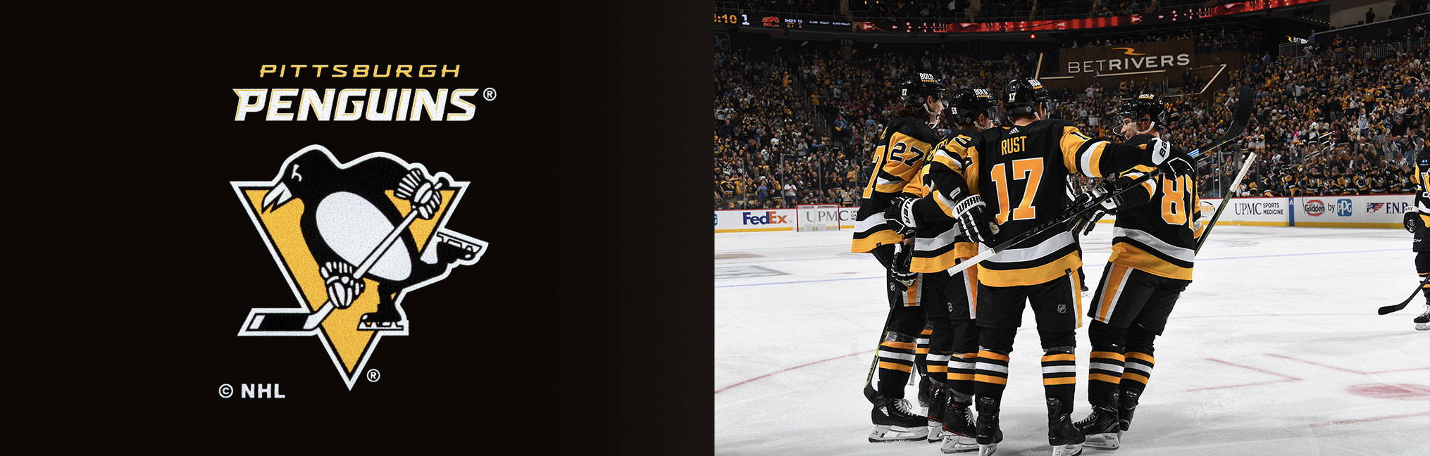 Pittsburght Penguins® - logo and image of players after a scored goal.