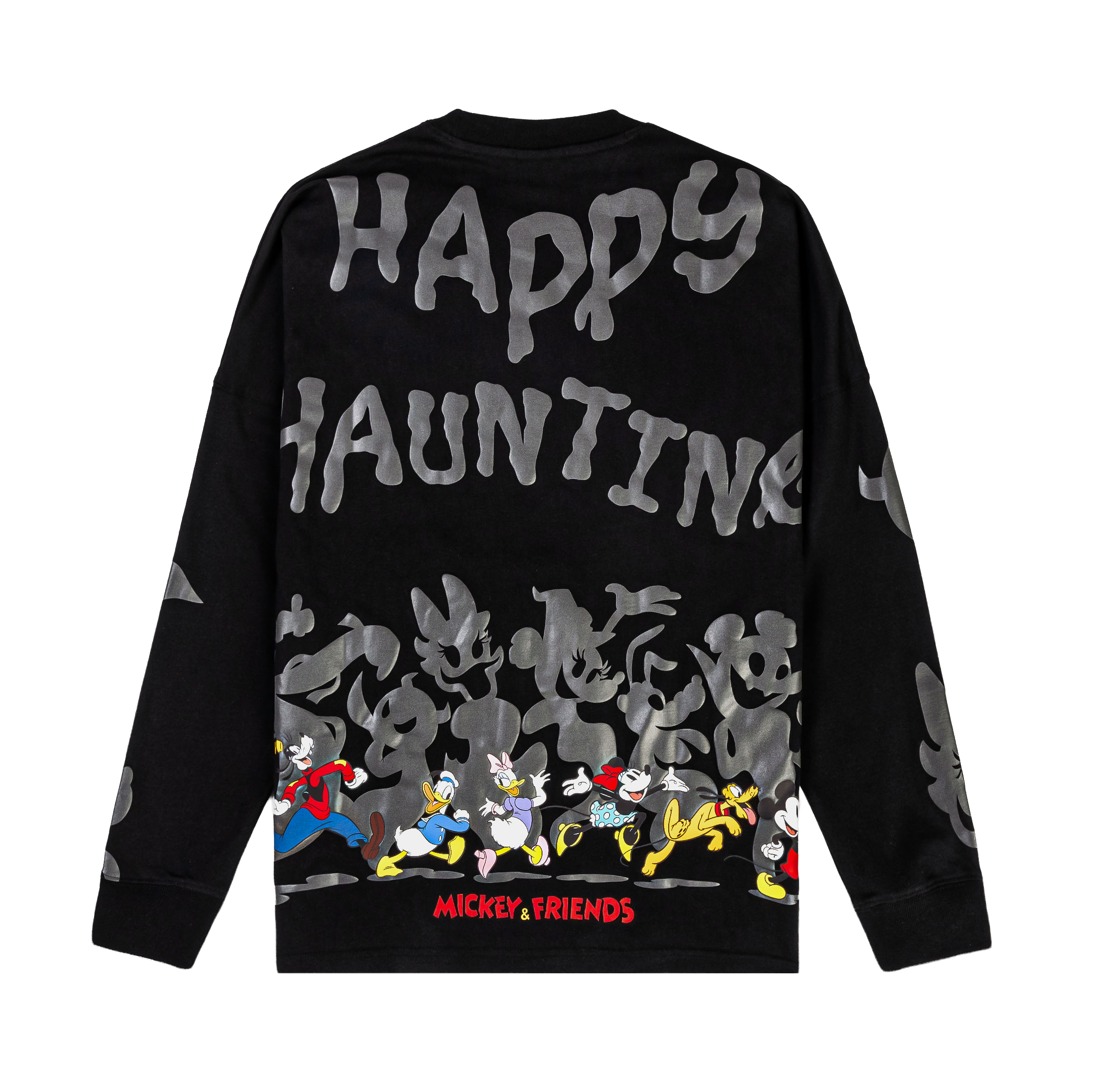 Black long-sleeve shirt featuring silver Mickey Mouse graphics and a red logo.