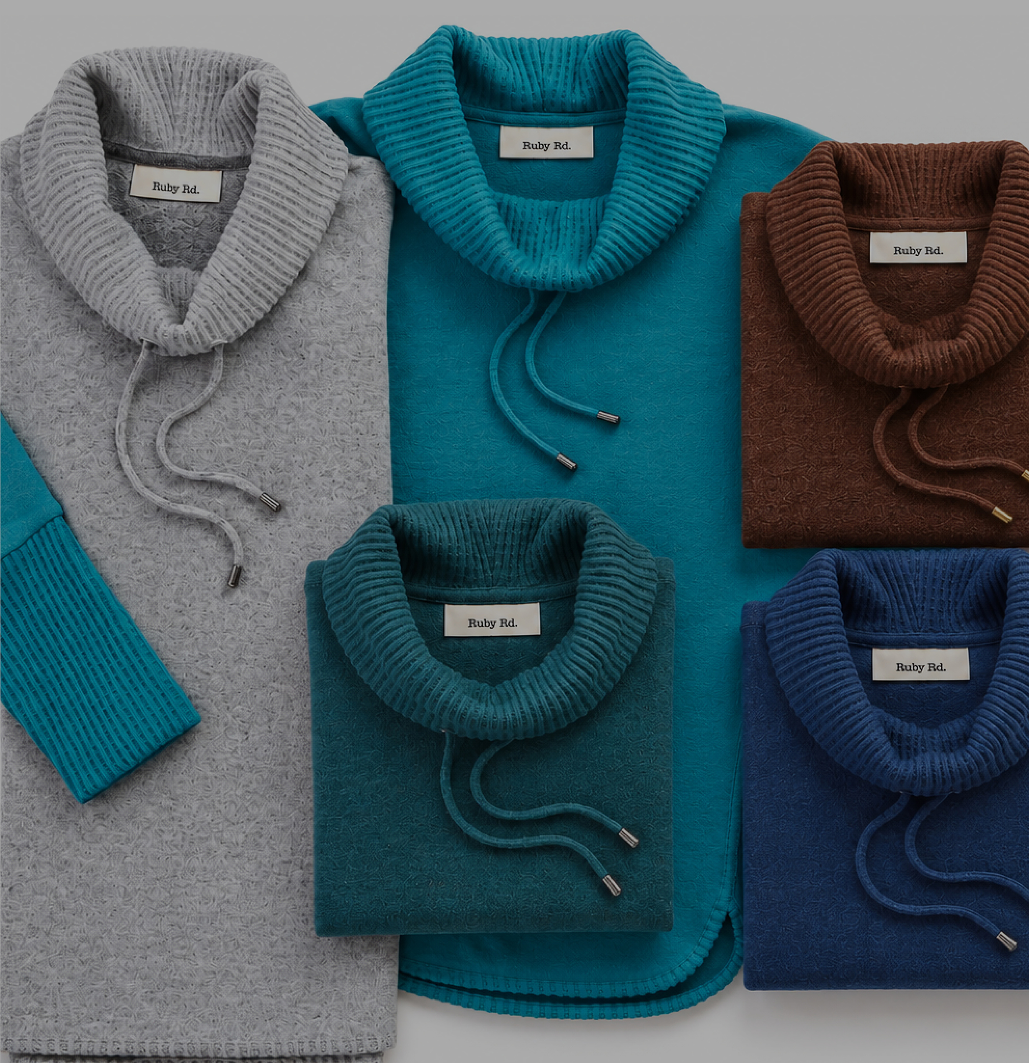 Collection of colorful sweaters arranged in various styles.