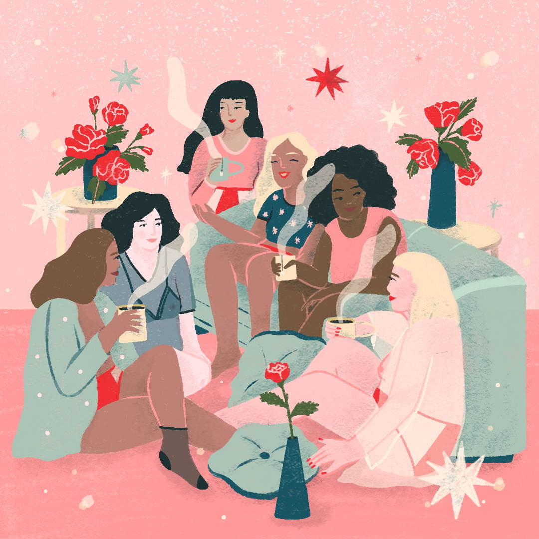 Ilustração de mulheres sentadas no chão e sofá, conversando e tomando café