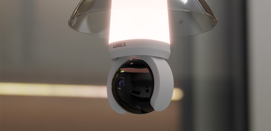 Lorex 2K Wi-Fi smart lightbulb camera installed in a business setting for indoor security monitoring