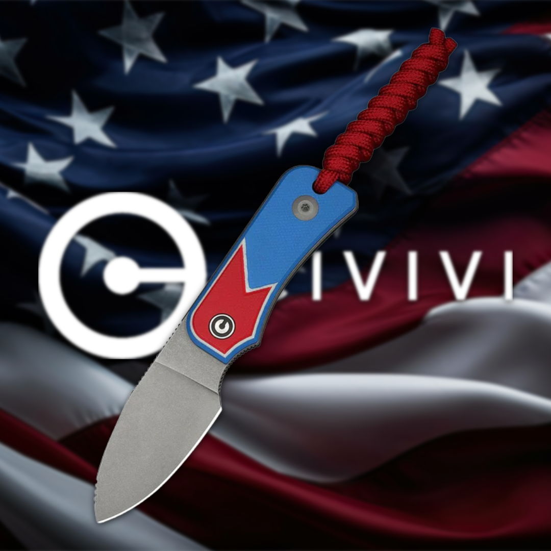 Knife against a backdrop of an American flag with branding.
