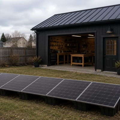 Solar panels on PowerRack mounts in front of a backyard workshop.