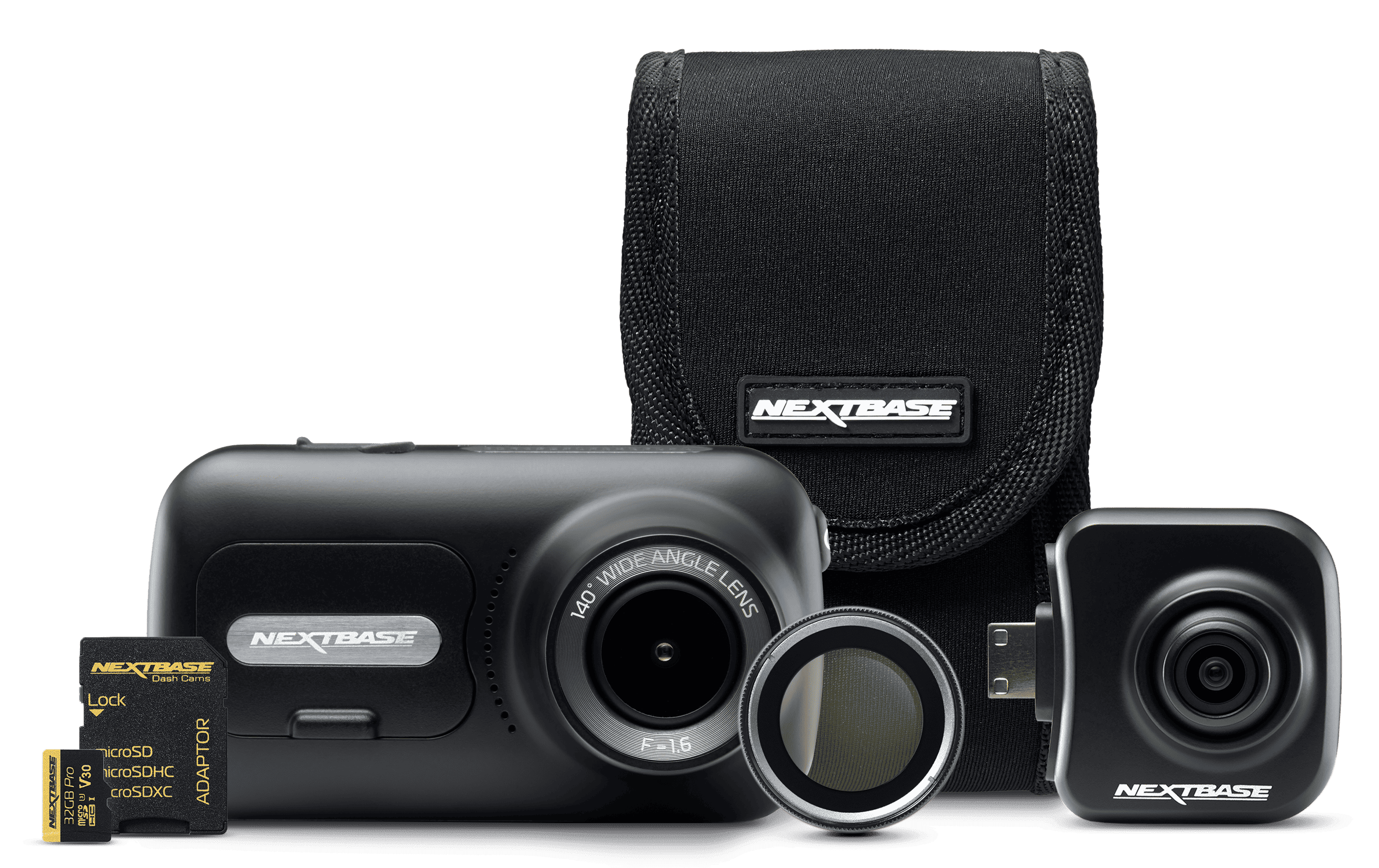 Camera bundle with accessories including lens, memory card, and carrying case.