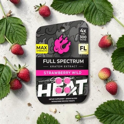 Full spectrum kratom extract package with strawberries and leaves.