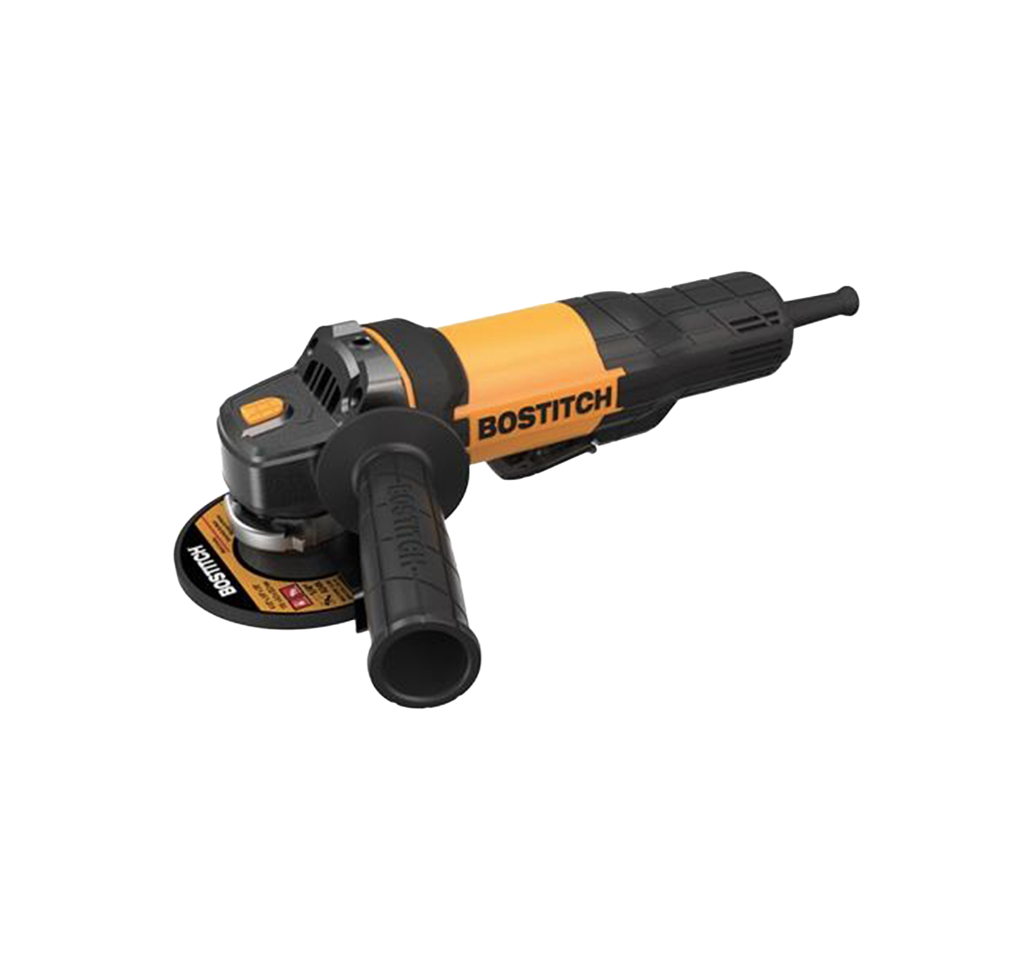 Angle grinder with black and yellow design, featuring a side handle.