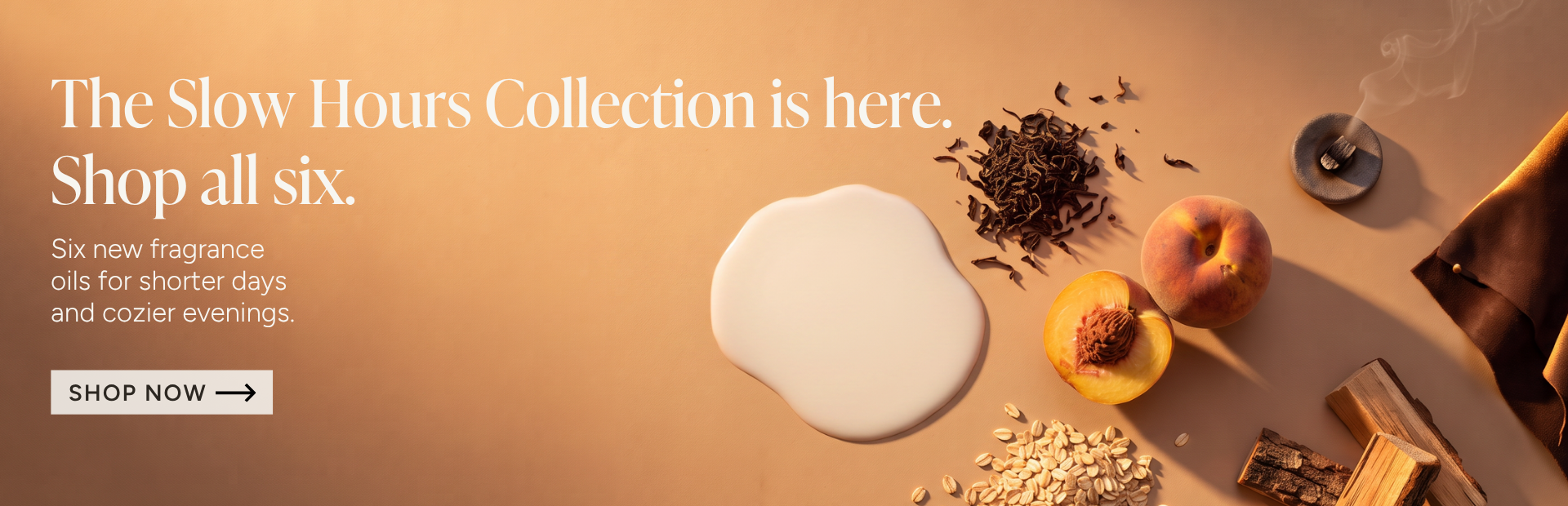 Text promoting the Slow Home Collection with various ingredients on a surface.