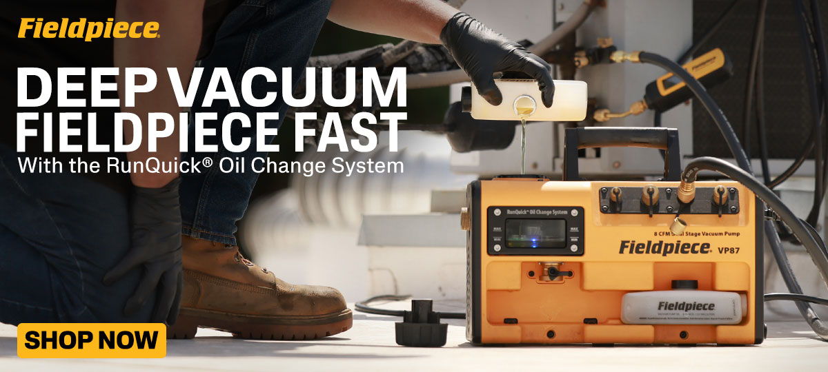 Fieldpiece deep vacuum pump with text promoting fast oil change system.