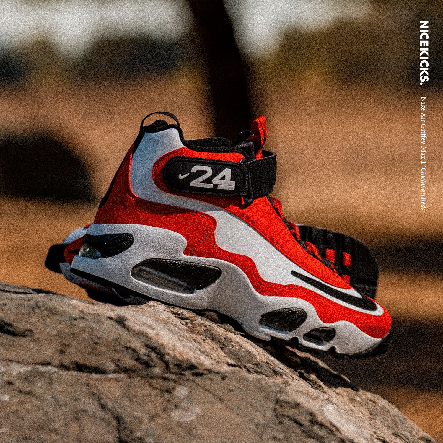 A red and white sneaker displayed on a rock.