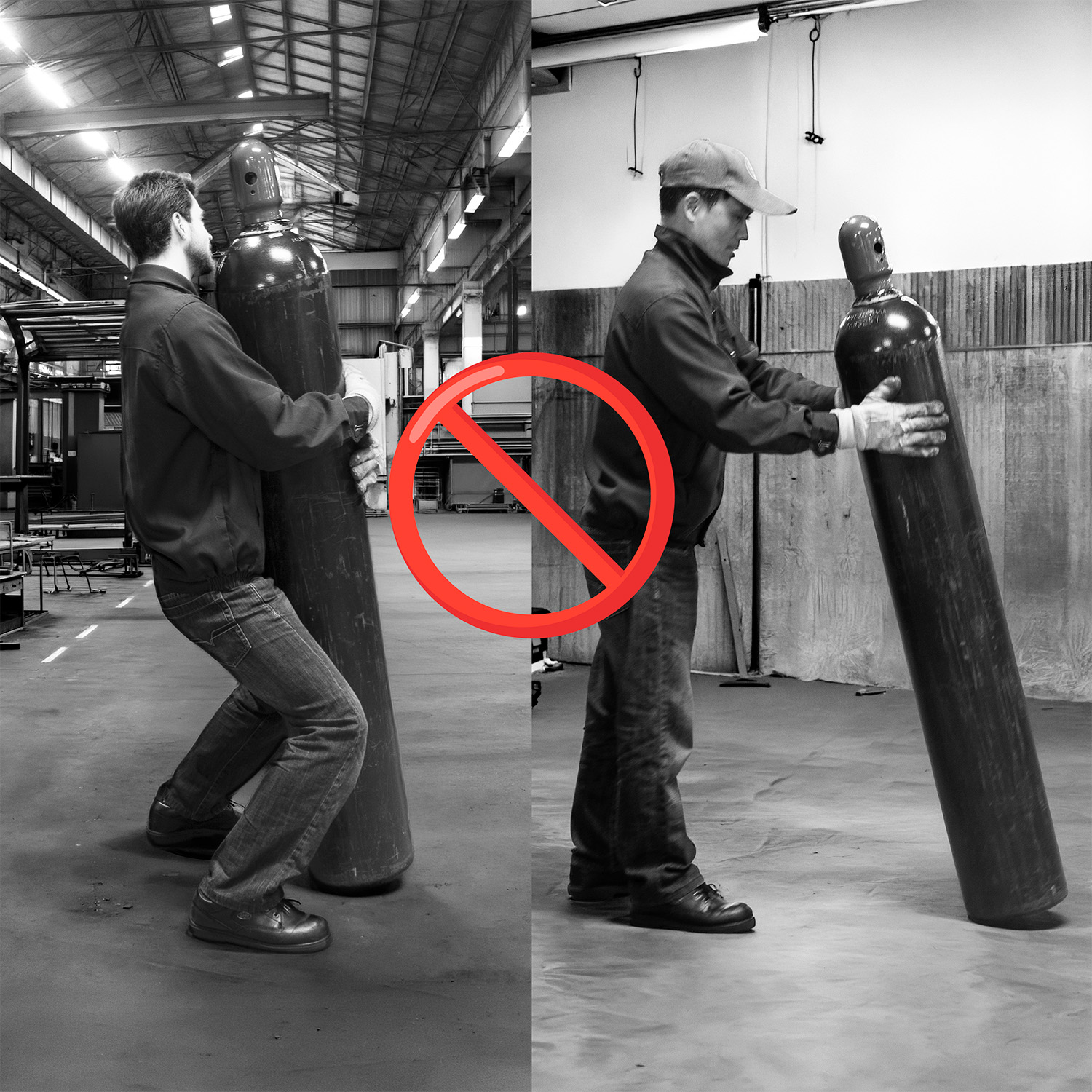 Comparison of incorrect and correct lifting techniques with a warning symbol.