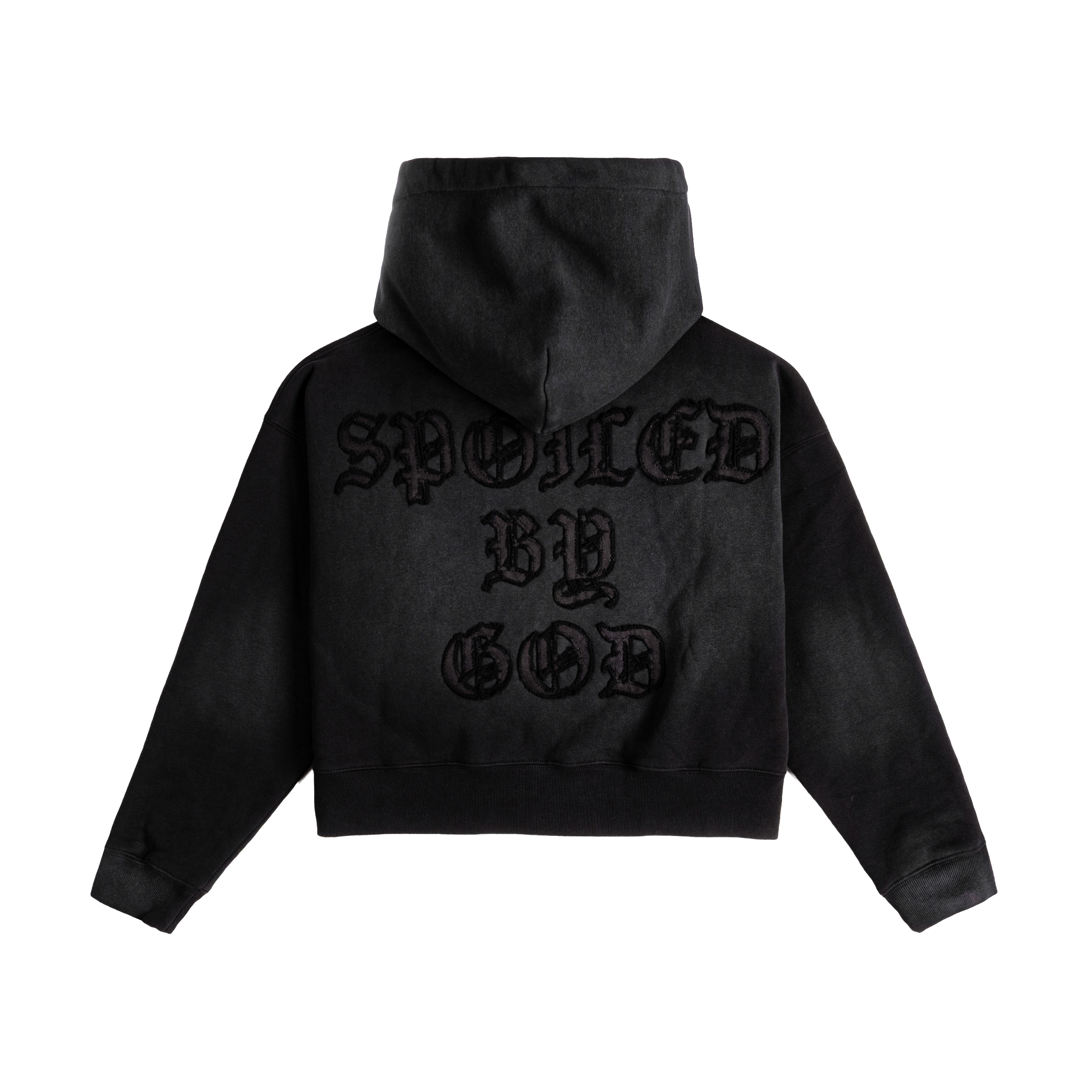 Black hoodie with graphic of lips and jewelry design.