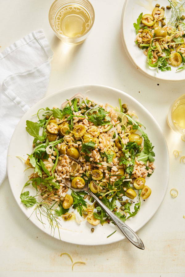 Bowl of farro with castelvetrano olives and herbs