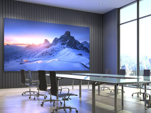 Hybrid meeting room with a large display and integrated conferencing