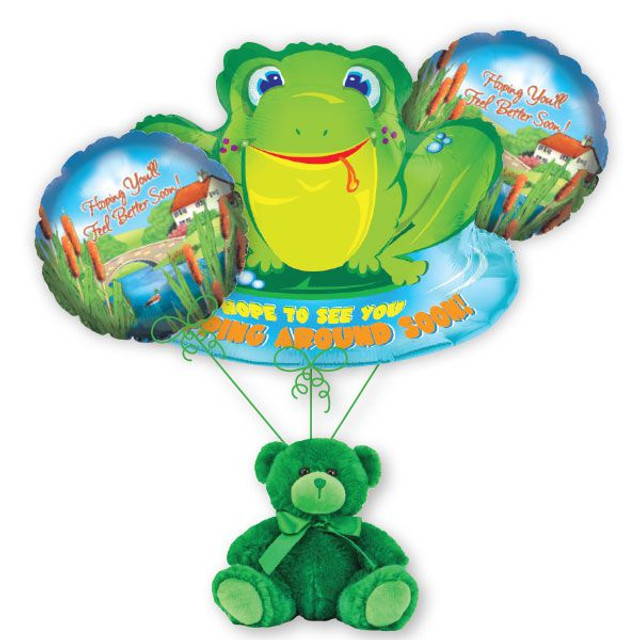 Balloon Bouquet with Plush Weight - Feel Better Soon Frog