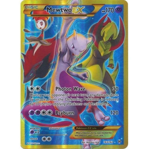 Mewtwo EX Pokémon card with colorful design and stats displayed.