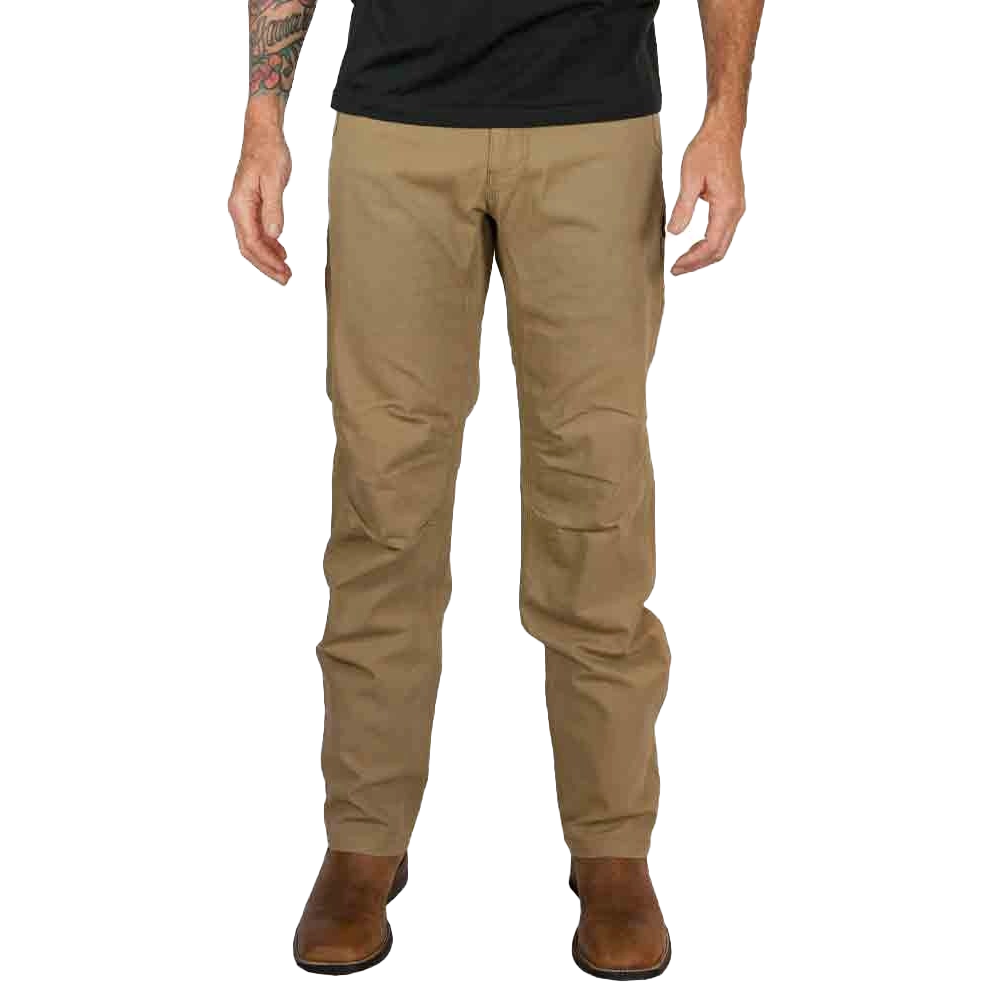 Man wearing khaki pants and brown boots, standing with hands at sides.
