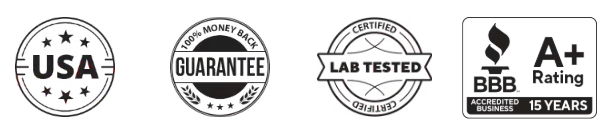 Various certification and guarantee seals, including 
