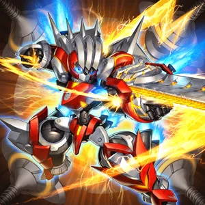 Armoured robot warrior with blazing sword attack