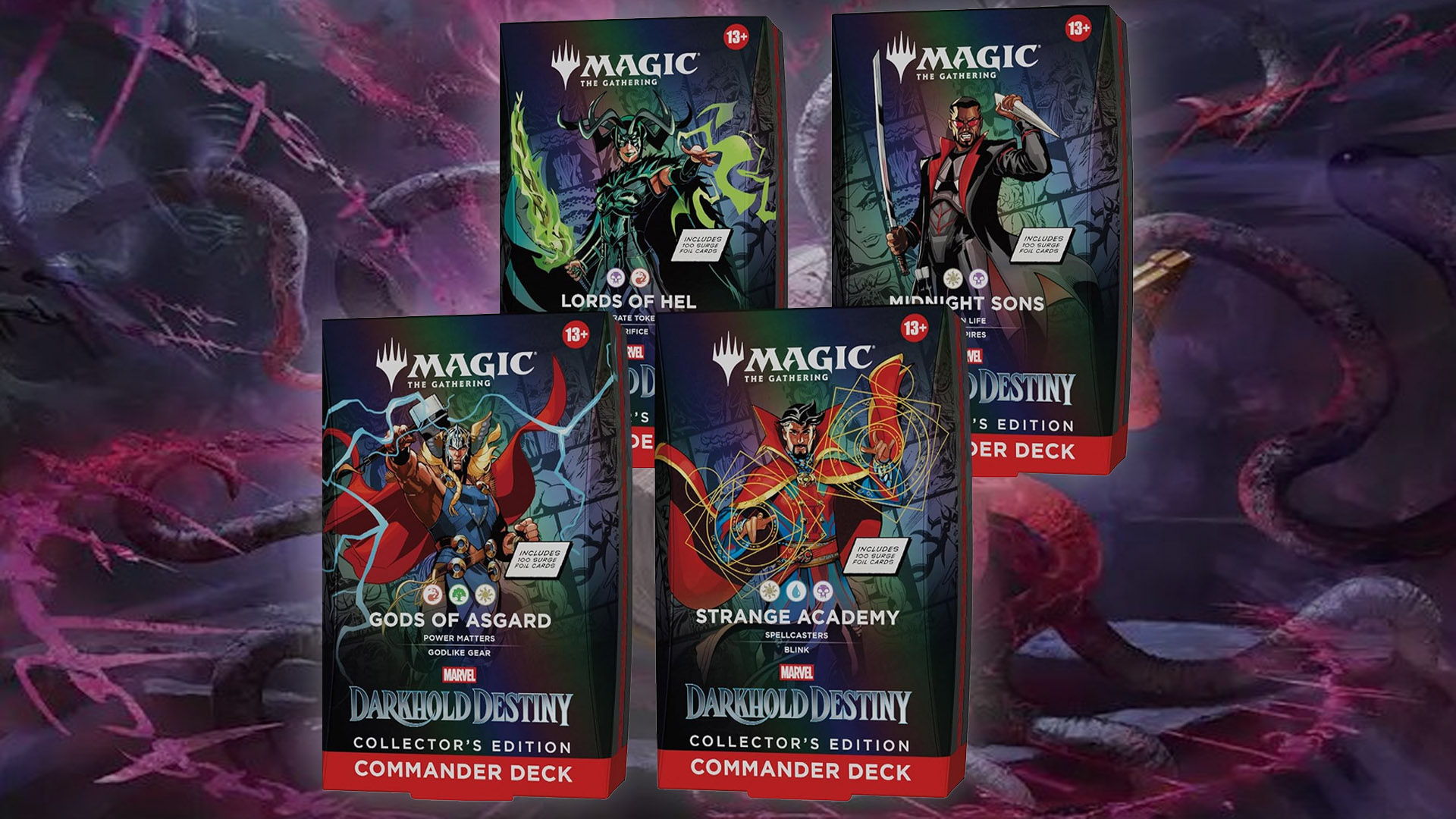 The Four Commander decks from the MTG/Marvel crossover Darkhold Destiny: Strange Academy, Gods of Asgard, Lord sof Hell, and Midnights Sons.